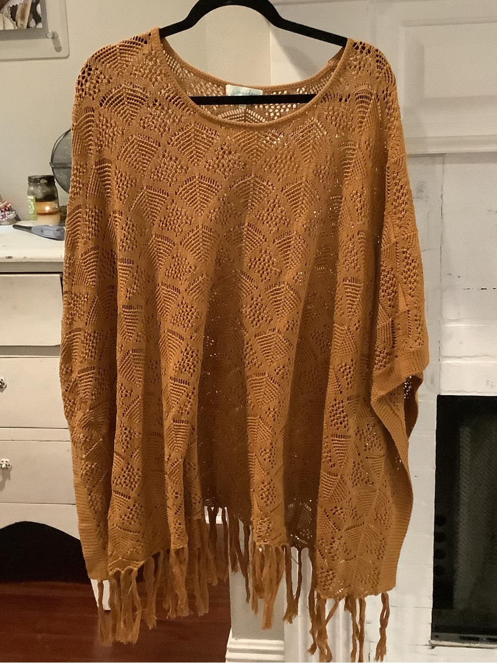 Grace & Lace Open-Knit Fringe Poncho in Mustard Gold